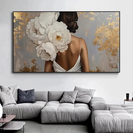 Lady in Dress with Flowers Poster Luxury Gold Background Canvas Painting Print, Wall Art, Abstract Home Cuadros Wall Decor