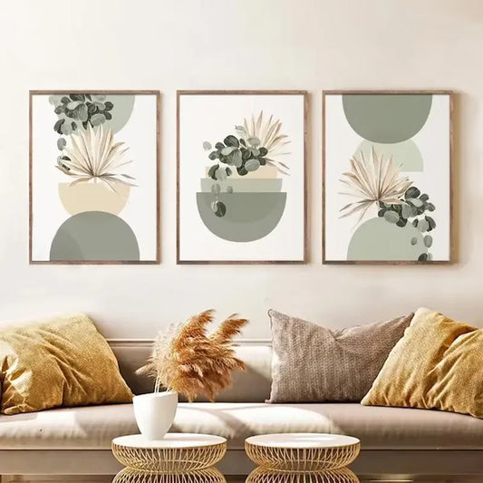 Boho Green Beige Half Circle Colour Block Poster Sage Mid Century Bohemian Canvas Painting Fresh Bedroom Frameless Wall Art