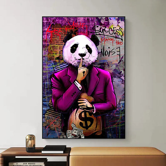 Graffiti Art Red Blue Green Panda Face Make The Noise Poster Canvas Painting Money Bag Wall Art For Living Room Home Decor
