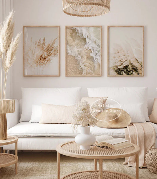 Neutral Boho Beach Coastal Pampas Grass Ocean Waves Photography Poster Canvas Painting Modern Wall Art Pictures Home Decor