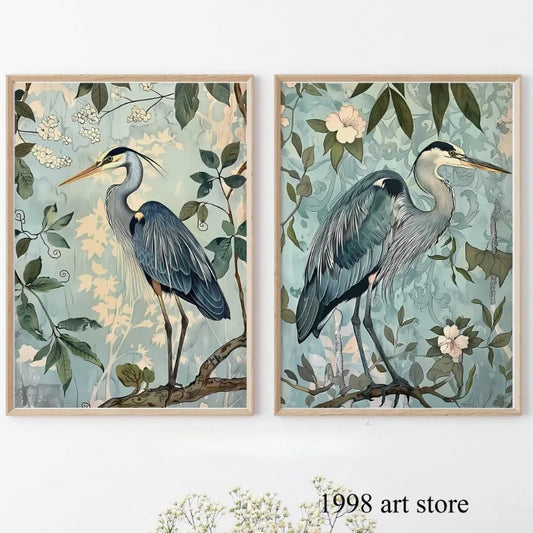 Retro William Morris Style Blue Heron Floral Botanical Art Poster Canvas Painting Wall Prints Picture for Living Room Home Decor