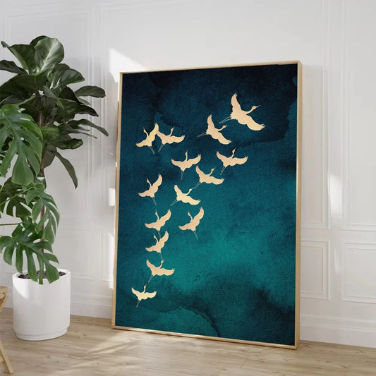 Green and Gold Japanese Cranes Poster Minimalism Canvas Painting Bird Wall Art Print for Living Room Home Decor Cuadros