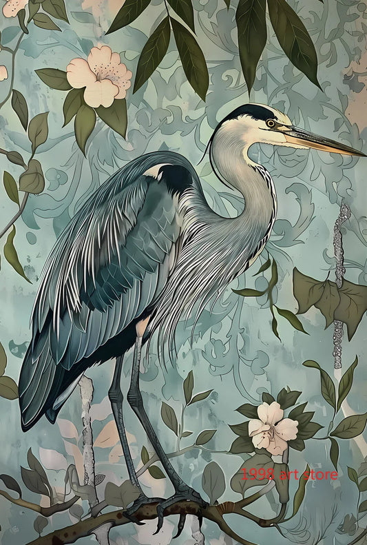 Retro William Morris Style Blue Heron Floral Botanical Art Poster Canvas Painting Wall Prints Picture for Living Room Home Decor