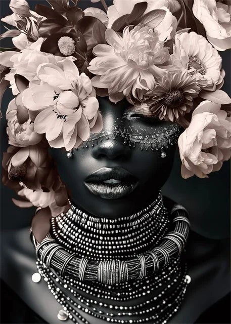 African Woman Flower Canvas Print Posters HD Wall Art Canvas Painting Black Woman Art Fashion Home Living Room Wall Decor Mural