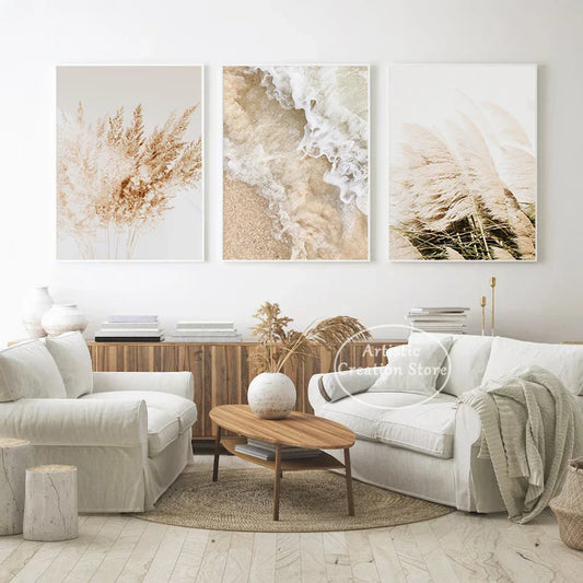 Neutral Boho Beach Coastal Pampas Grass Ocean Waves Photography Poster Canvas Painting Modern Wall Art Pictures Home Decor