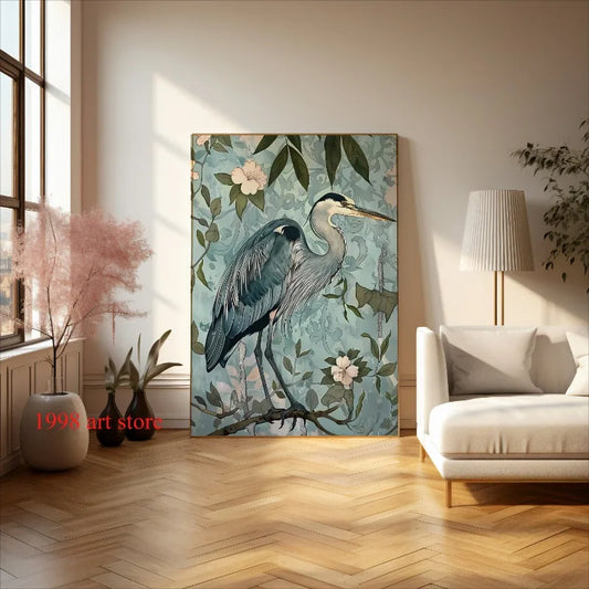Retro William Morris Style Blue Heron Floral Botanical Art Poster Canvas Painting Wall Prints Picture for Living Room Home Decor